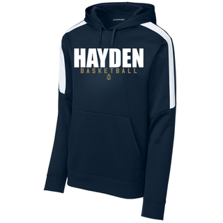 Navy Fan Favorite colorblock hoodie with white shoulder panels and the stacked Hayden Basketball design on the front