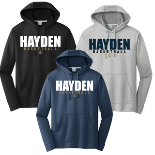 Hayden Wildcats Basketball Stacked Logo performance hoodies shown in Black, Silver, and Deep Navy.