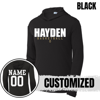 Black PosiCharge hooded pullover with HAYDEN stacked above BASKETBALL and a personalized name and number shown on the back