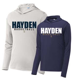 Silver and True Navy PosiCharge hooded pullovers with HAYDEN stacked above BASKETBALL and a small emblem beneath