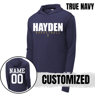 True Navy PosiCharge hooded pullover with HAYDEN stacked above BASKETBALL and a personalized name and number shown on the back