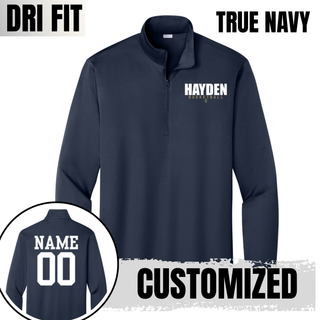 Back of a PosiCharge quarter-zip showing the optional custom name and number