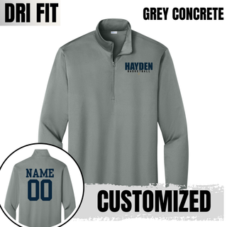 Grey PosiCharge quarter-zip featuring the Hayden Basketball stacked design on the chest