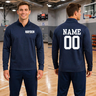 Navy PosiCharge quarter-zip with the Hayden Basketball stacked design on the chest and optional name and number shown on the back