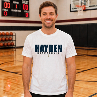 White tee showing the Hayden Wildcats Basketball Stacked Logo, with bold HAYDEN lettering, BASKETBALL underneath, and the Wildcats logo below.