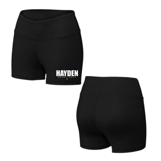Front and back views of black women's interval performance shorts with the Hayden Wildcats Basketball Stacked Logo on the leg