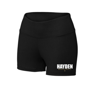 Black women's interval performance shorts with HAYDEN stacked above BASKETBALL and a small emblem beneath