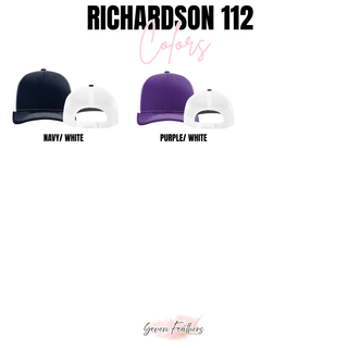 Richardson 112 trucker hat color chart showing navy white and purple white options for Hayden Wildcats mascot leather patch hat
