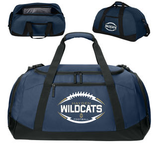 Navy Hayden Wildcats classic football laces duffle bag interior and side pocket detail views
