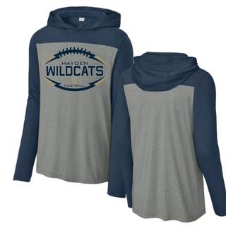Hayden Wildcats Classic Football Laces Halftime Long Sleeve Hoodie Topeka Kansas - Grey Navy Front and Back
