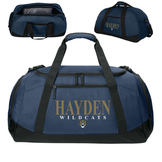 Navy Hayden Wildcats classic stack spirit duffle bag interior and side pocket detail views
