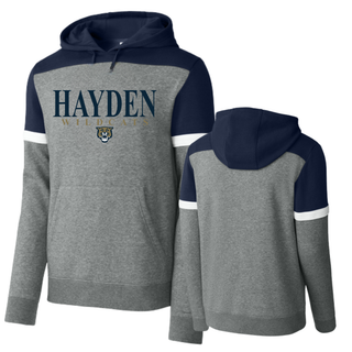 Hayden Wildcats Classic Stack Spirit Fleece Colorblock Hoodie navy grey front and back
