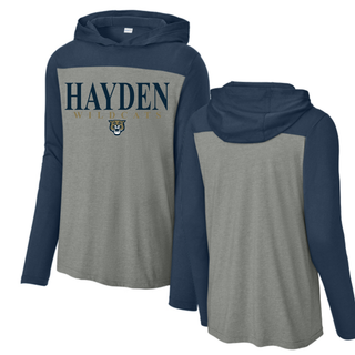 Hayden Wildcats Classic Stack Spirit Shirt Topeka - grey navy Sport-Tek Halftime Long Sleeve Hoodie front and back

