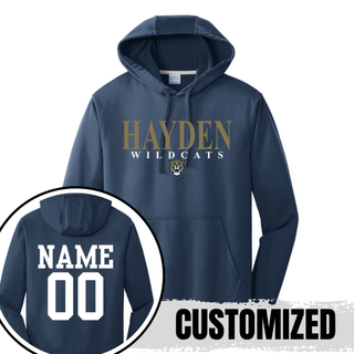 Hayden Wildcats Classic Stack Spirit Performance Hoodie navy with custom name and number on back
