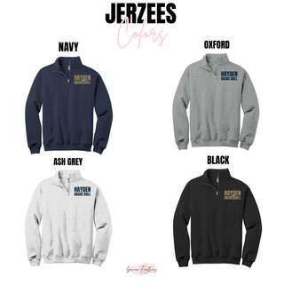 Navy, Oxford, Ash Grey, and Black cadet collar quarter-zips with Hayden Basketball chest lettering.