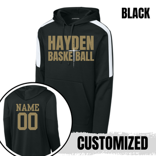 Black Fan Favorite colorblock hoodie with Hayden Basketball chest lettering and a customized name and number shown on the back.