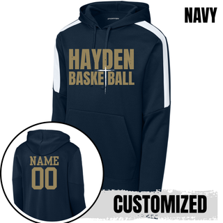 Navy Fan Favorite colorblock hoodie with Hayden Basketball chest lettering and a customized name and number shown on the back.