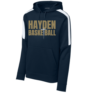 Navy Fan Favorite colorblock hoodie with Hayden Basketball lettering and a cross mark on the front.