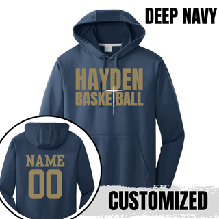 Performance hoodie featuring the Hayden Wildcats Cross Basketball design with distressed lettering that reads Hayden Basketball.