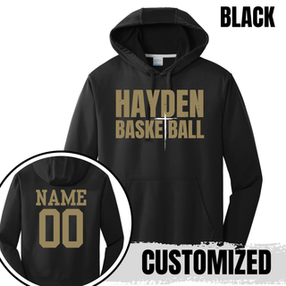 Performance hoodie featuring the Hayden Wildcats Cross Basketball design with distressed lettering that reads Hayden Basketball.