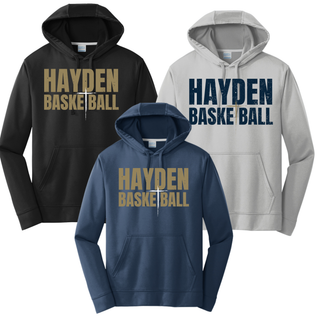 Black, silver, and navy performance hoodies featuring the Hayden Wildcats Cross Basketball design, with distressed lettering that reads Hayden Basketball.