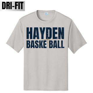White performance tee with distressed navy varsity lettering reading Hayden Basketball.