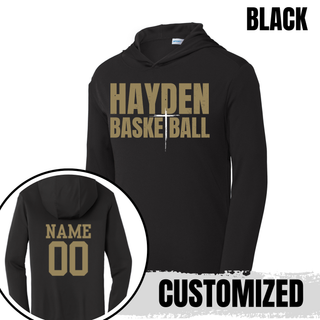 Black PosiCharge hooded pullover with gold Hayden Basketball chest lettering and a customized name and number shown on the back.