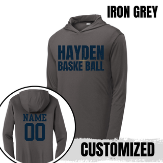 Iron Grey PosiCharge hooded pullover with Hayden Basketball chest lettering and a customized name and number shown on the back.