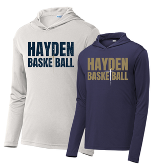 Silver and True Navy PosiCharge hooded pullovers with Hayden Basketball chest lettering.