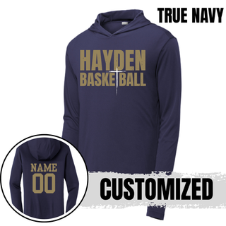 True Navy PosiCharge hooded pullover with gold Hayden Basketball chest lettering and a customized name and number shown on the back.