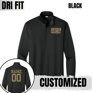 Black performance quarter-zip with gold HAYDEN BASKETBALL chest lettering and customizable name and number on the back.