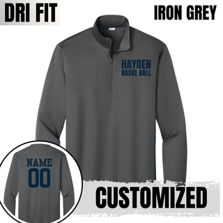 Iron Grey performance quarter-zip with navy HAYDEN BASKETBALL chest lettering and customizable name and number on the back.