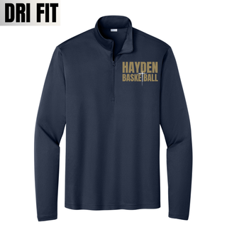 True Navy performance quarter-zip with gold HAYDEN BASKETBALL chest lettering.