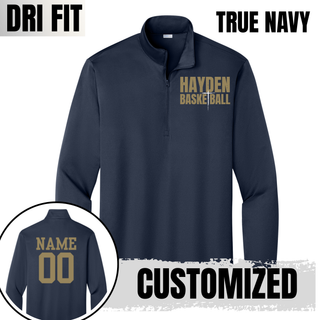 True Navy performance quarter-zip with gold HAYDEN BASKETBALL chest lettering and customizable name and number on the back.