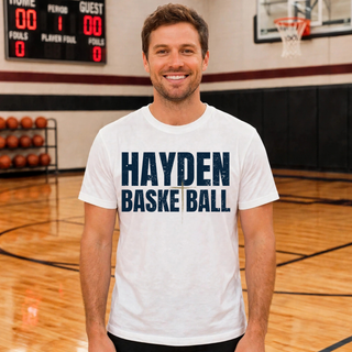 Hayden Wildcats Cross Basketball design with distressed varsity-style Hayden Basketball lettering on a spirit-wear top.