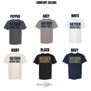 Hayden Wildcats Cross Basketball design with distressed varsity-style Hayden Basketball lettering on a spirit-wear top.