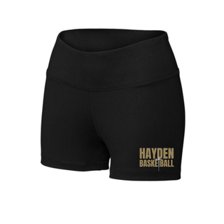 Black Women's Interval Performance Shorts with Hayden Basketball lettering and a slim cross mark printed on the leg.