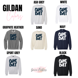 Hayden Wildcats distressed Game Day football top Gildan color chart showing Ash Grey, White, Graphite Heather, Sand, Navy, Sport Grey, and Black options