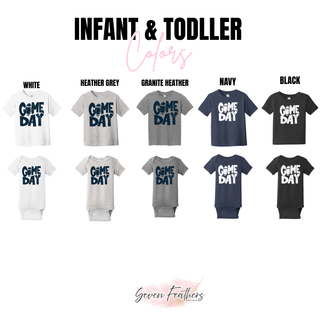 Hayden Wildcats distressed Game Day football top infant and toddler color chart showing White, Heather Grey, Granite Heather, Navy, and Black options