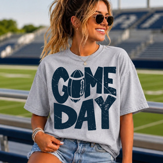 Heather grey tee with navy distressed 'GAME DAY' text and football icon graphic for Hayden Wildcats