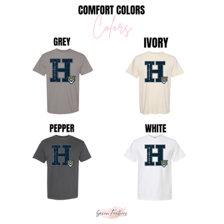 Hayden Wildcats distressed letter H design shown on Comfort Colors tees in grey, ivory, pepper, and white
