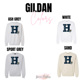 Hayden Wildcats distressed letter H design shown on Gildan garments in ash grey, white, sport grey, and sand