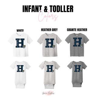 Hayden Wildcats distressed letter H infant and toddler tee and bodysuit in white, heather grey, and granite heather