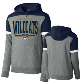 Hayden Wildcats Distressed Powerhouse Fleece Colorblock Hoodie Topeka Kansas - Grey Navy Front and Back
