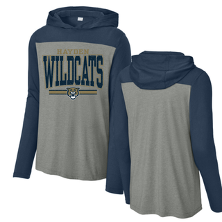 Hayden Wildcats Distressed Powerhouse Halftime Long Sleeve Hoodie Topeka Kansas - Grey Navy Front and Back
