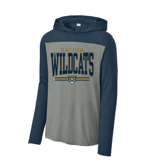 Hayden Wildcats Distressed Powerhouse Halftime Long Sleeve Hoodie Topeka Kansas - Grey Navy Colorblock Front
