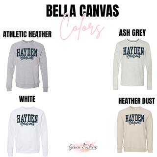 Hayden Wildcats distressed stacked design shown on Bella Canvas sweatshirts in athletic heather, ash grey, white, and heather dust