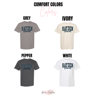 Hayden Wildcats distressed stacked design shown on Comfort Colors tees in grey, ivory, pepper, and white