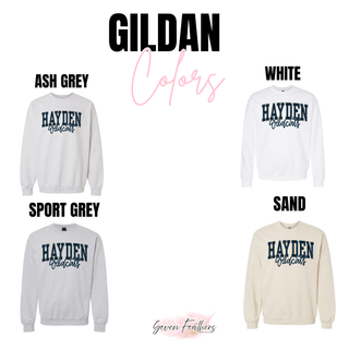 Hayden Wildcats distressed stacked design shown on Gildan garments in ash grey, white, sport grey, and sand