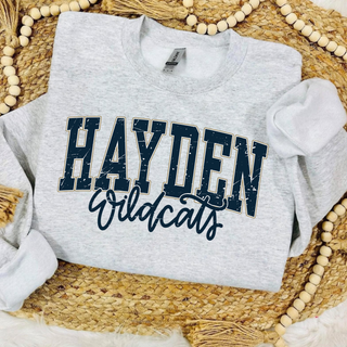 Hayden Wildcats distressed stacked design in navy and gold on a heather grey crewneck sweatshirt